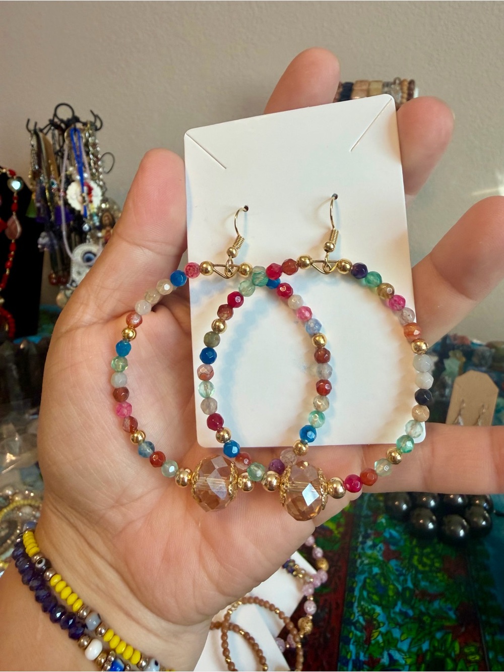 Handmade Multicolor Natural Agate stone Beaded Hoop Earrings with Gold Accents